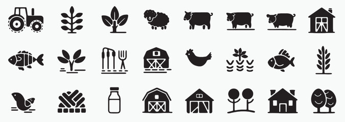 Farm Animals and Agriculture Icons Black Glyph Set