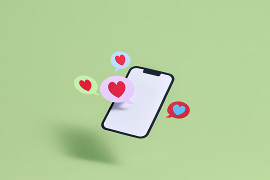 A smartphone surrounded by love heart speech bubbles 