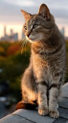 Obraz premium A tabby cat sits on a rooftop, bathed in golden sunset light