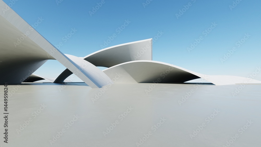 Fototapete 3d illustration of abstract minimal architecture background, geometric architectural with chrome or 