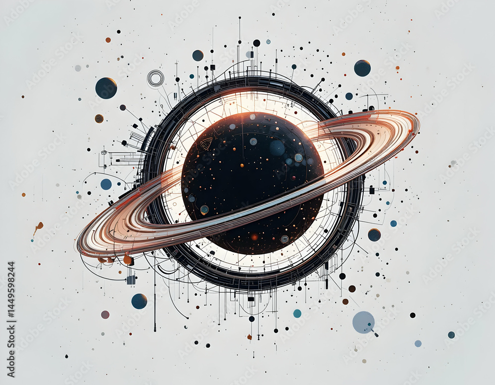 Poster planet with rings and abstract tech geometry on light background