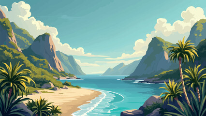 vector landscape tropical beach among mountain islands archipelago