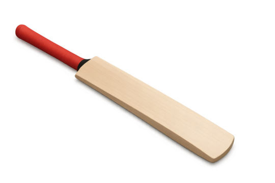 A cricket bat with a flat hitting surface and a red grip. Concept Cricket Bat Design, Flat Hitting Surface, Red Grip Feature, Sports Equipment, Performance Enhancement