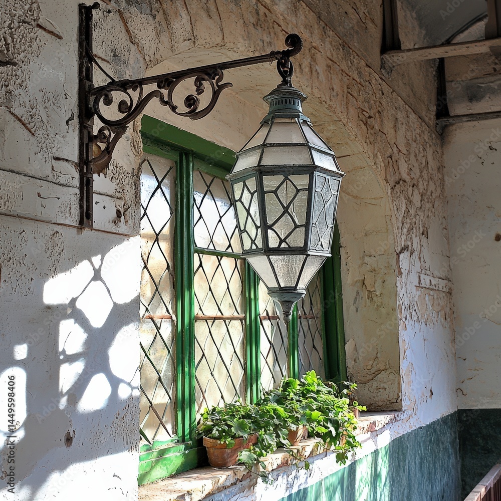 Poster elegant window with soft lighting from a lamp creating a cozy and inviting atmosphere