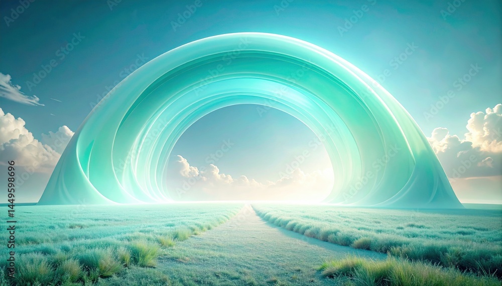 Poster exploring the ethereal landscape of a futuristic emerald arch in a surreal environment
