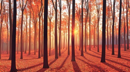 Autumn Forest Sunrise,  Magical Golden Hour in Red and Orange Leaves