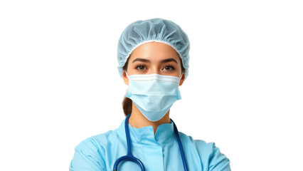 Female medical professional wearing a protective uniform, mask, and head covering, pisolated on transpraent png