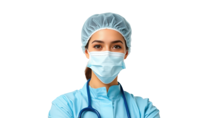 Female medical professional wearing a protective uniform, mask, and head covering, pisolated on transpraent png
