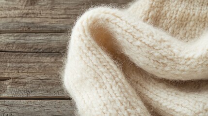 Fototapeta premium Close-up of warm wool fabric, showing its thick, fuzzy texture and natural cream color, with visible fibers and a cozy feel, placed on a rustic wooden background