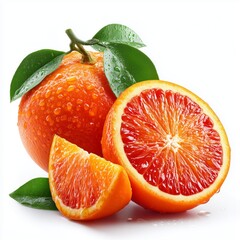 Fresh whole and sliced orange on a pristine white background, displaying its vibrant orange color and juicy texture. 