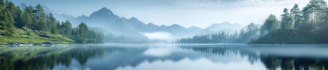 Misty mountain lake serene reflection, calm nature