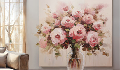 Large painting of pink roses in vase hanging on wall in bright living room. Elegant floral interior art.