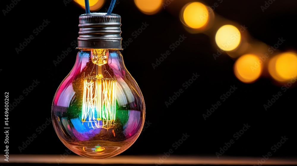 Poster vibrant light bulb illuminated against a background of twinkling string lights creating magic