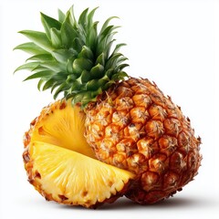 Fresh whole and sliced pineapple on a white background, showcasing its vibrant yellow flesh and textured skin.