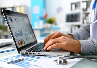 Data Analysis on Laptop: Hands Typing with Business Analytics Charts