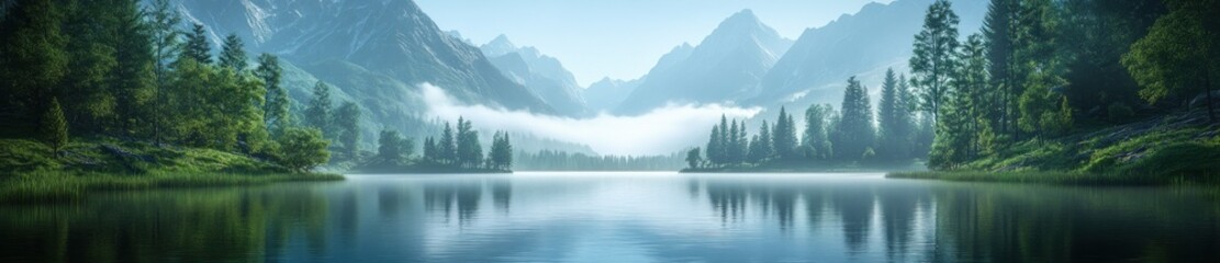Fototapeta premium Misty mountain lake, serene reflection, tranquil forest