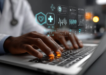 Data Analysis on Laptop: Hands Typing with Business Analytics Charts