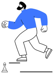 Man steps forward on abstract stairs towards a chess pawn, symbolizing progress. Ideal for ambition, growth, success, goal setting, leadership, strategy, career flat simple metaphor
