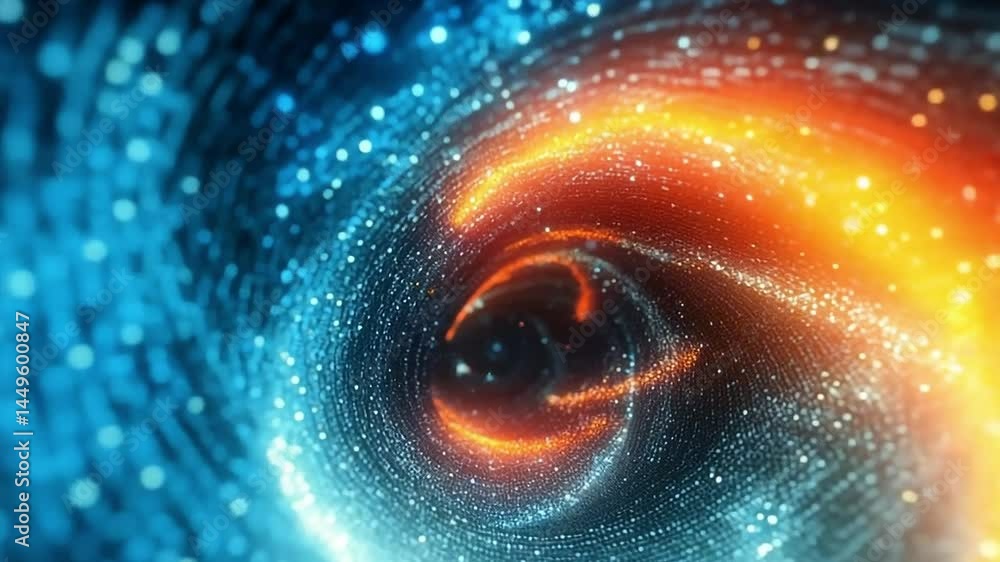 Poster swirling colors in a cosmic vortex. bright blue and orange particles swirl in a dynamic cosmic vorte