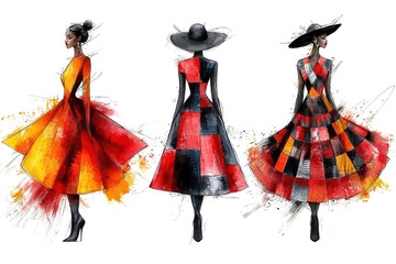 fashion illustration: three women in stylish dresses, watercolor style.