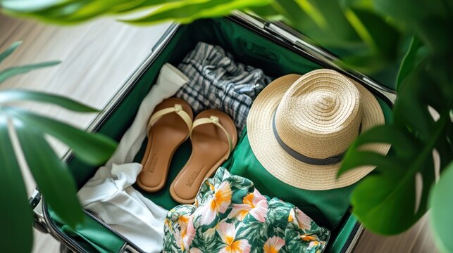 Green suitcase packed with summer clothes ready for a tropical vacation