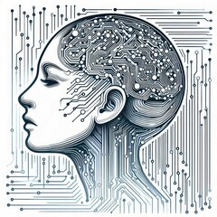 Human Head Silhouette with Circuit Board Brain Illustration with Generative AI.