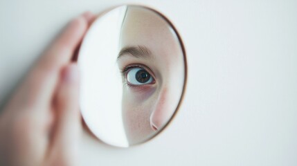 A person looking into a mirror, but their reflection is turned away, white background