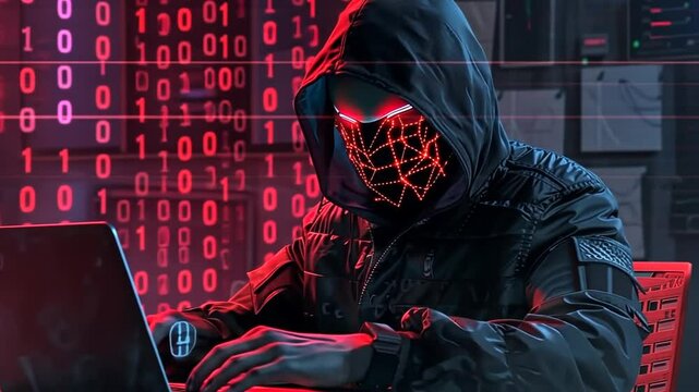 Cyber Security Threat, Hacker Breaking into System with Mask and Laptop
