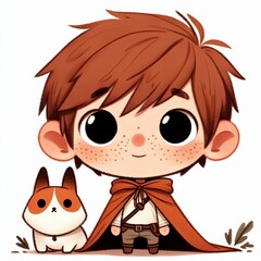 A charming, stylized illustration depicts a young boy with his loyal canine companion,