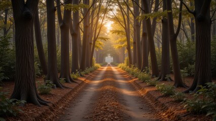 Sunlit Forest Path: Autumn Road with Trees and Fallen Leaves, Calm Nature Scenery