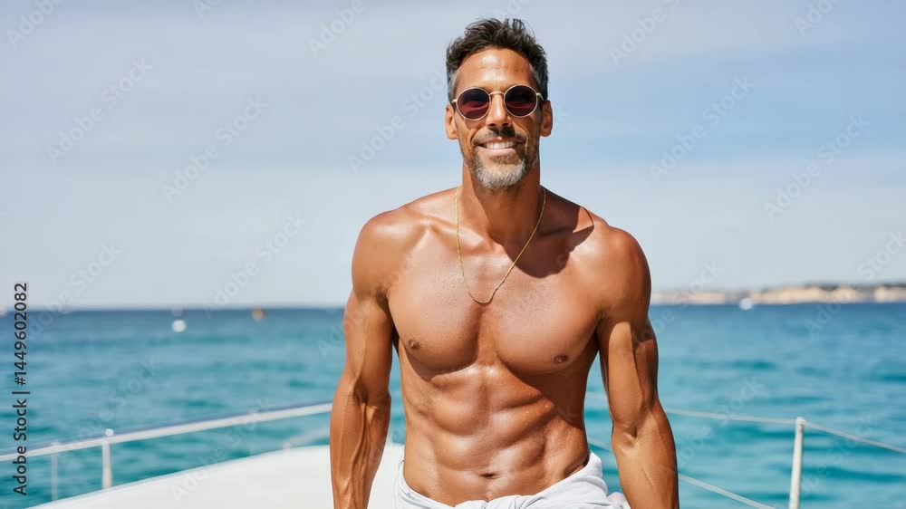 Poster man with a six pack of abs is smiling and standing on a boat in the ocean. scene is happy and relaxe