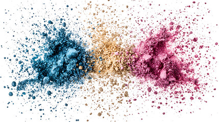 Obraz premium Abstract color powder explosion featuring blue gold and pink isolated on white background for beauty product and creative applications