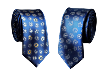 two navy blue ties with circle pattern on white background.