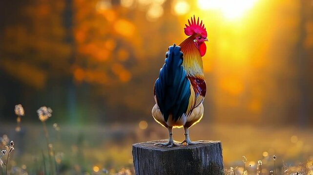 Rooster on stump at sunset. A vibrant rooster perches on a wooden stump as the sun sets behind trees, casting a warm glow over the scene.