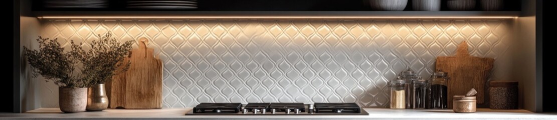 Modern kitchen backsplash, patterned tile, gas stove