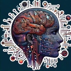 Human Head Silhouette with Circuit Board Brain Illustration with Generative AI.