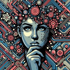 Human Head Silhouette with Circuit Board Brain Illustration with Generative AI.