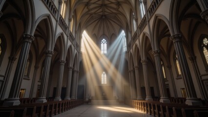 Fototapeta premium Sunlight Streaming Through Gothic Church Windows: Interior Architecture & Religious Space