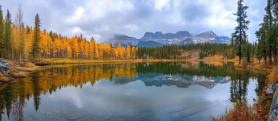 Fototapeta premium A serene alpine lake reflecting autumnal trees and mountains under a cloudy sky.