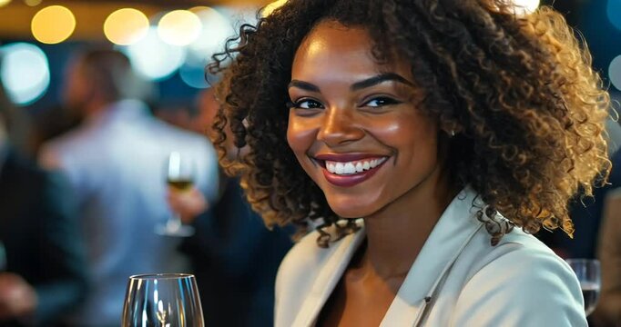 Smiling woman at a vibrant social gathering, enjoying a drink with friends in the background