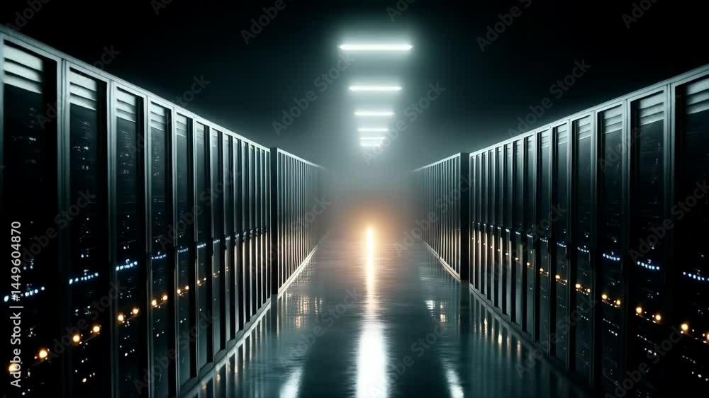 Poster illuminated server room aisle featuring rows of racks, lights reflecting on the polished floor, crea