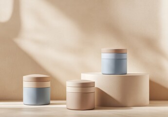 Beige and Light Blue Cylindrical Containers on Minimalist Platforms