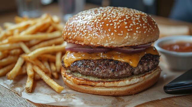 Young American male businessman having lunch a trendy bistro eating a burger and fries smartphone on the table relaxed atmosphere fashionable interior design - Powered by Adobe