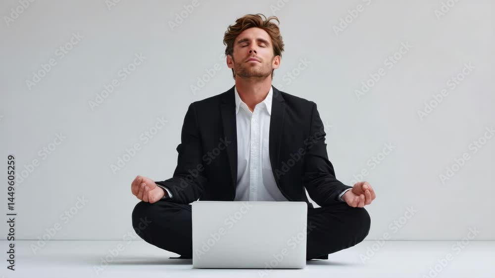 Aufkleber man in a suit is sitting on the floor with a laptop in front of him. he is in a relaxed and focused 