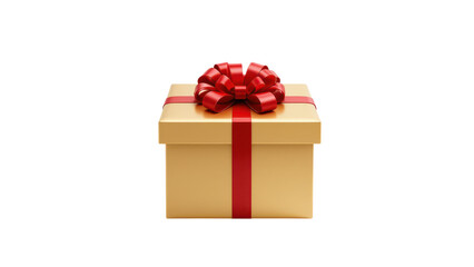Digitally rendered gift box with a vibrant red ribbon and bow atop a light beige box. isolated on transpraent png