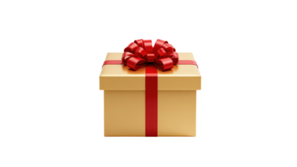 Digitally rendered gift box with a vibrant red ribbon and bow atop a light beige box. isolated on transpraent png