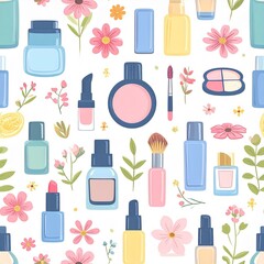 Cosmetics seamless pattern presents a vector set of beauty and makeup icons, including lipstick, perfume bottle, and nail care symbols in a seamless design