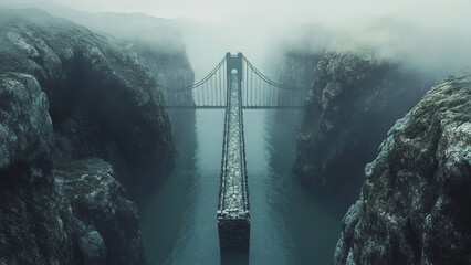 Fototapeta premium bridge in the middle of a rock cliff with trees and water below 7