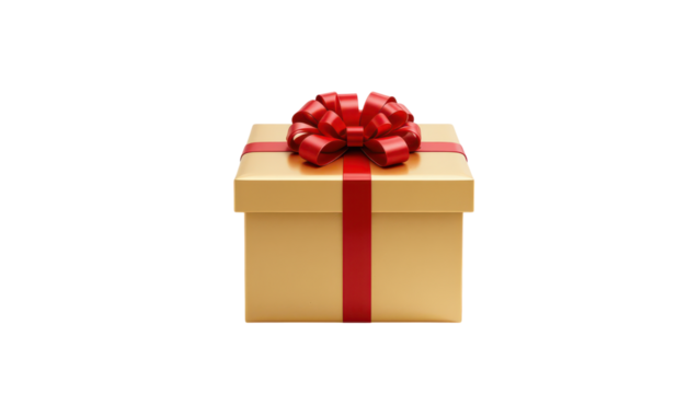 Digitally rendered gift box with a vibrant red ribbon and bow atop a light beige box. isolated on transpraent png
