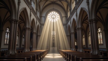 Obraz premium Sunlit Gothic Cathedral Interior with Stained Glass Rose Window and Empty Wooden Pews